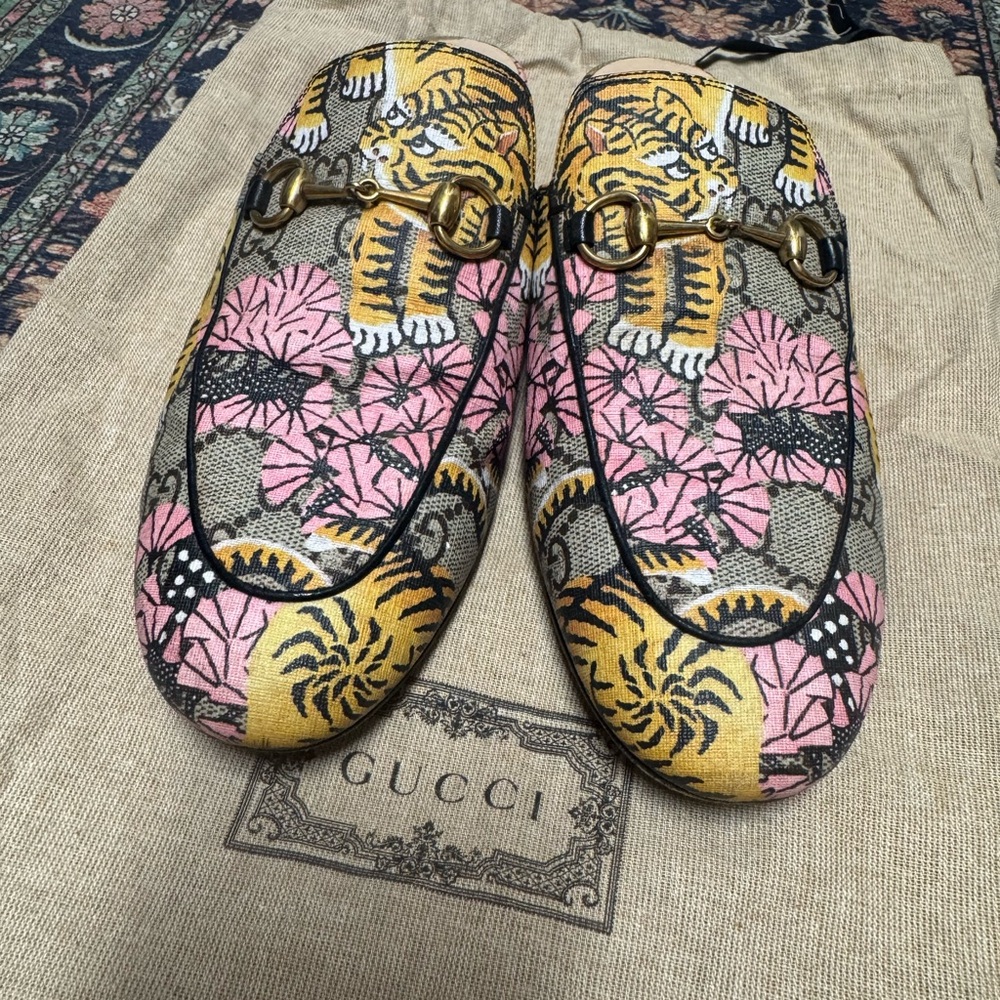 Gucci Pink and Yellow Tiger Floral Loafers